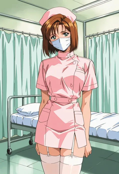 Score_9, score_8_up, score_7_up, source_anime, Shinjyo Remi, brown hair, short hair, green eyes, retro artstyle, 1990s (style), (best quality), (high quality), {masterpiece}, extremely delicate and beautiful, ultra-detailed, beautiful detailed eyes, nurse,...