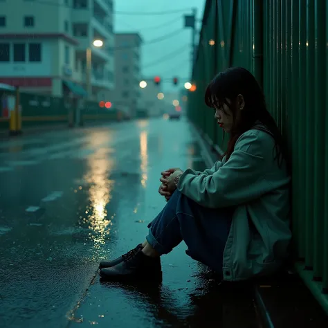 A young woman sits on a rain-slicked bridge at night, resting against a damp green metal wall. Her clothing — a black tank top, denim shorts, and beige cardigan — is slightly soaked, clinging naturally to her form. Raindrops glisten on the ground and her h...