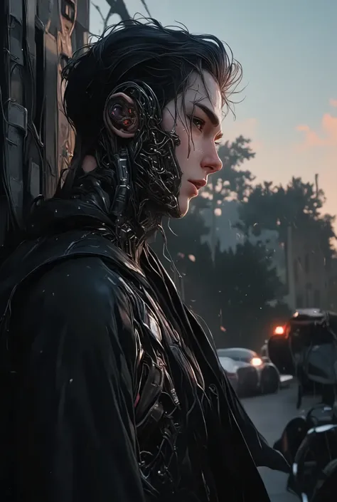 Full plane from head to toe , plano general:1.4, ( Handsome young Cyborg ) bold, threatening look . is half in profile the image can be seen from head to toe, there is wind, leaves flies and some dust , He wears gothic clothes . , with mechanical parts of ...