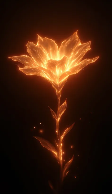 A delicate flower blossoms from rising fire, its petals composed of translucent, flickering embers. The stem sways with molten grace, trailing glowing sparks and heatwaves that twist in the air. Against a dark background, the flower looks like a gentle fla...