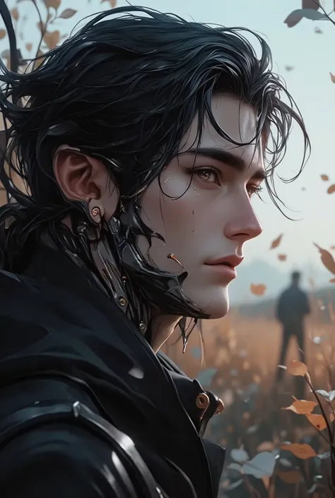 Full plane from head to toe , plano general:1.4, ( Handsome young Cyborg ) bold, threatening look . is half in profile the image can be seen from head to toe, there is wind, leaves flies and some dust , He wears gothic clothes . , with mechanical parts of ...