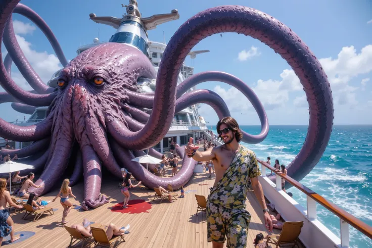 Top deck perspective of a luxury cruise liner under siege by a colossal Kraken in otherwise tranquil tropical waters. The massive cephalopod's gelatinous mantle dominates half the deck, its skin a mottled pattern of deep purples and sickly blues that glist...