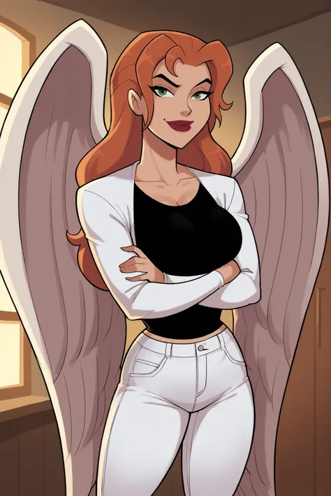 score_9, score_8_up, score_7_up, score_6_up, BREAK, safe_pos, 1girl, solo, shayera hol, angel wings, feathered wings, wings, long hair, green eyes, lipstick, makeup, large breasts, cleavage, curvy, athletic, arms crossed, crossed arms, looking at viewer, s...