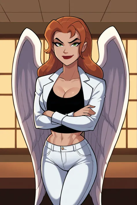 score_9, score_8_up, score_7_up, score_6_up, BREAK, safe_pos, 1girl, solo, shayera hol, angel wings, feathered wings, wings, long hair, green eyes, lipstick, makeup, large breasts, cleavage, curvy, athletic, arms crossed, crossed arms, looking at viewer, s...