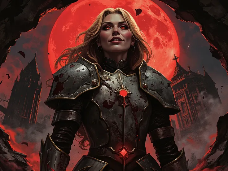 Amid the dense shadows of ancient ruins, a vampiric figure emerges from the decayed remains of a once-majestic castle. Her blood-red eyes pierce through the darkness, glowing like embers against the backdrop of a blood moon looming in the crimson-stained s...