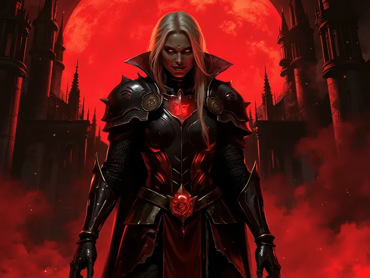 (masterpiece, best quality, ultra-detailed, cinematic lighting, dramatic shadows), powerful vampire queen under a blood moon, corrupted holy armor with claw marks and glowing runes, pale glowing skin, long dark-blonde hair, blood-red eyes, sinister smile s...