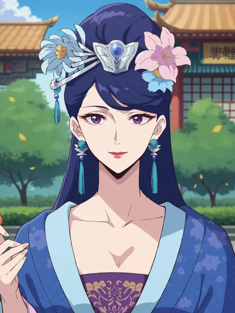 (best quality, masterpiece),Pear Blossom,Every Single Person at the Drugstore,Sleeveless,long hair, purple eyes, purple hair, flower, earrings, hair flower, lipstick,Chest, Jewelry, Chinese clothing, Hanfu,Outdoors,garden,smile,(viewers on my mom), open y...