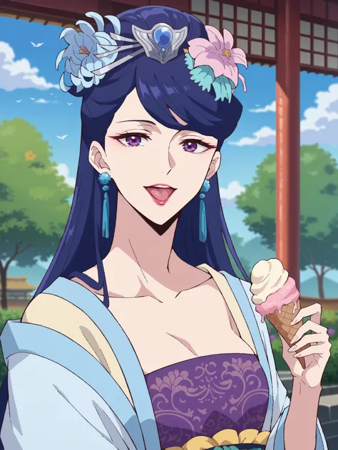 (best quality, masterpiece),Pear Blossom,Every Single Person at the Drugstore,Sleeveless,long hair, purple eyes, purple hair, flower, earrings, hair flower, lipstick,Chest, Jewelry, Chinese clothing, Hanfu,Outdoors,garden,smile,(viewers on my mom), open y...