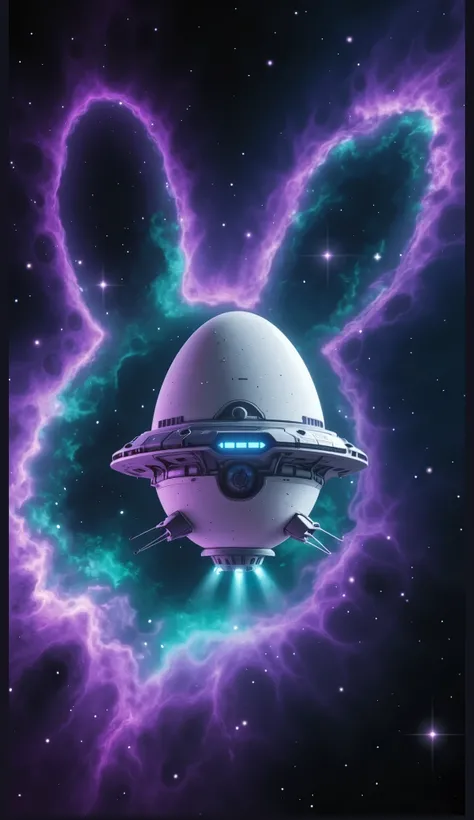 masterpiece, high detailed image, a majestic space ship in the shape of an egg, floating in the outer space, the background is purple and teal nebula galaxy shaped rabbit, stars, surreal, sci-fi movie, cosmic, imaginative.