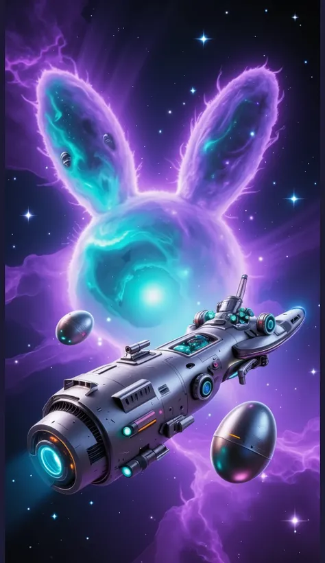 masterpiece, high detailed image, a spacecraft and robotic metal eggs, floating in the outer space, the background is purple and teal nebula galaxy shaped rabbit, stars, surreal, sci-fi movie, cosmic, imaginative.