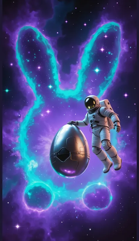 masterpiece, high detailed image, a cosmonaut and robotic metal egg, floating in the outer space, the background is purple and teal nebula galaxy shaped rabbit, stars, surreal, sci-fi movie, cosmic, imaginative.