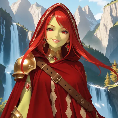 lone, solo, 1girl, european, model, fashion, luxury, wealthy, clean, (young), beautiful, short, thin, red cloak, fantasy outfit, golden collar, golden steel pauldron, thief outfit, fantasy assassin outfit, red riding hood silk outfit, close view of upper b...