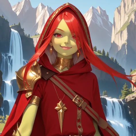 lone, solo, 1girl, european, model, fashion, luxury, wealthy, clean, (young), beautiful, short, petite, , thin, flat chest, red cloak, fantasy outfit, golden collar, golden steel pauldron, thief outfit, fantasy assassin outfit, red riding hood silk outfit,...