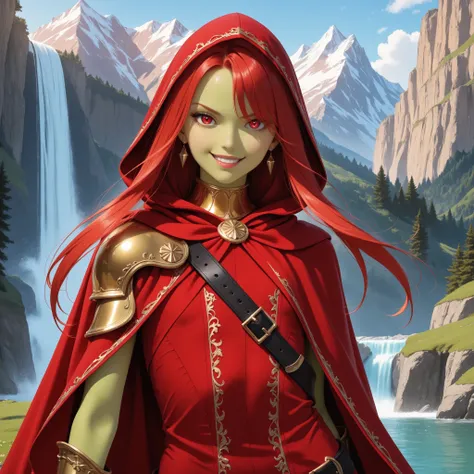 lone, solo, 1girl, european, model, fashion, luxury, wealthy, clean, (young), beautiful, short, petite, , thin, flat chest, red cloak, fantasy outfit, golden collar, golden steel pauldron, thief outfit, fantasy assassin outfit, red riding hood silk outfit,...