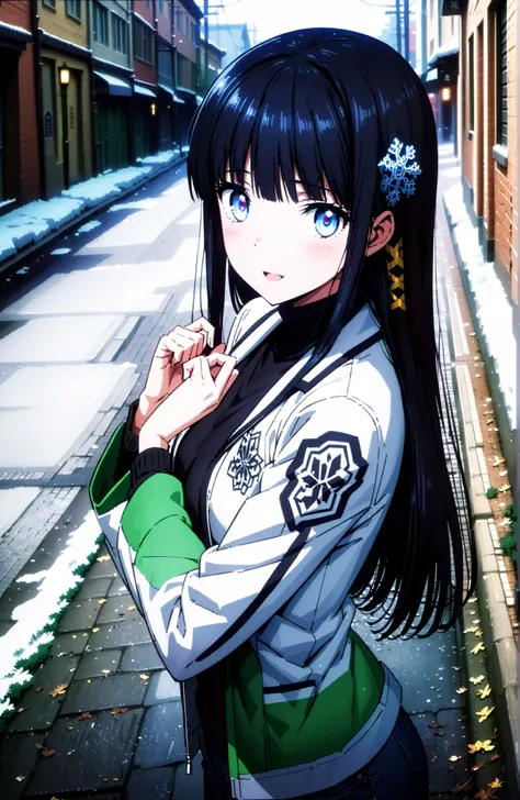 Miyuki Shiba, long hair, blue eyes, black hair, hair ornament, ribbon, hair ribbon, snowflake hair ornament, bungs, blunt bungs,smile,blush,open your mouth,Long jacket,TURTLENECK SWEATER,Long denim,Short heel boots,White handbag,noon,winter,snow,standing, ...