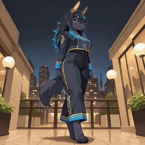 Anime style, masterpiece, best quality, full body picture, centered, three-quarters view, 1girl, furry, tall, anthro, female wolf, (jackal ears), digitigrade legs, black fur, (long black hair with blue highlights), blue eyes, perfect eyes, black sclera, go...