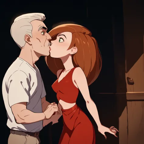 1girl , kim possible,,skinny, beautiful, green eyes, ((red dress)), cleavage,  underboob,  midriff, surprised, old man kisses her,  kised by an old man, forced kiss, nsfw, clothed female,