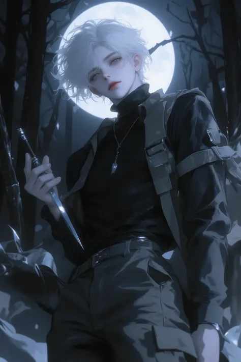 ((점수_9,점수_8_위로)), A cold and intense anime-style male character, pale platinum-blond hair, pale skin, expressionless face with a faint, unsettling smirk, subtle aura of madness in his gaze, holding a kunai loosely in one hand, standing still but ready to s...