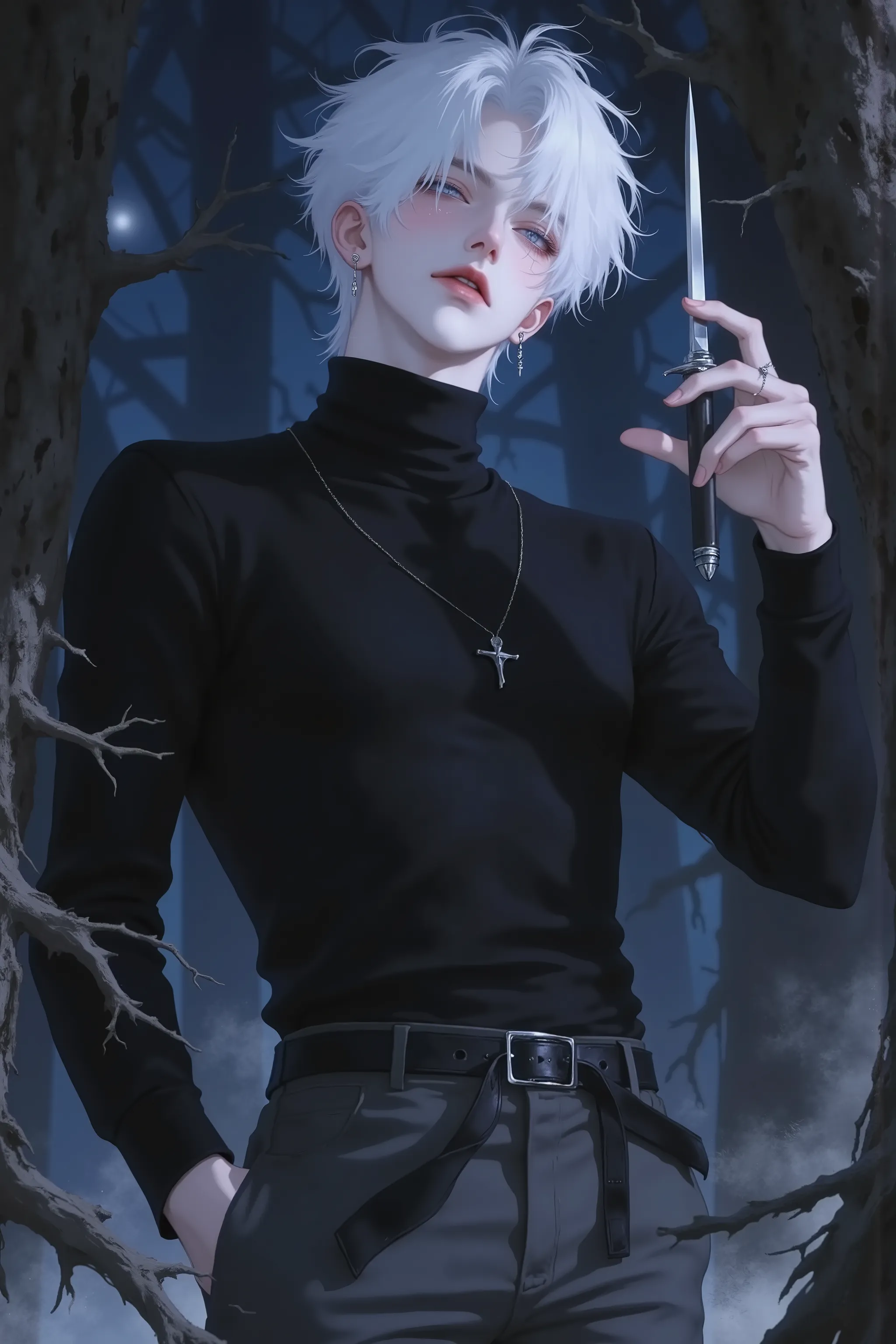 ((점수_9,점수_8_위로)), A cold and intense anime-style male character, pale platinum-blond hair, pale skin, expressionless face with a faint, unsettling smirk, subtle aura of madness in his gaze, holding a kunai loosely in one hand, standing still but ready to s...