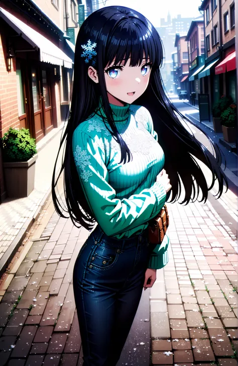 Miyuki Shiba, long hair, blue eyes, black hair, hair ornament, ribbon, hair ribbon, snowflake hair ornament, bungs, blunt bungs,smile,blush,open your mouth,Long jacket,TURTLENECK SWEATER,Long denim,Short heel boots,White handbag,noon,winter,snow,standing, ...