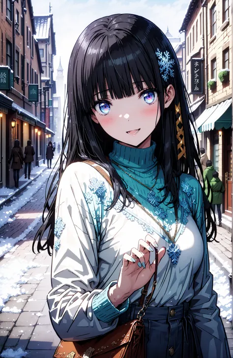 Miyuki Shiba, long hair, blue eyes, black hair, hair ornament, ribbon, hair ribbon, snowflake hair ornament, bungs, blunt bungs,smile,blush,open your mouth,Long jacket,TURTLENECK SWEATER,Long denim,Short heel boots,White handbag,noon,winter,snow,standing, ...
