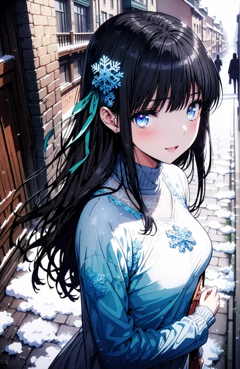 Miyuki Shiba, long hair, blue eyes, black hair, hair ornament, ribbon, hair ribbon, snowflake hair ornament, bungs, blunt bungs,smile,blush,open your mouth,Long jacket,TURTLENECK SWEATER,Long denim,Short heel boots,White handbag,noon,winter,snow,standing, ...