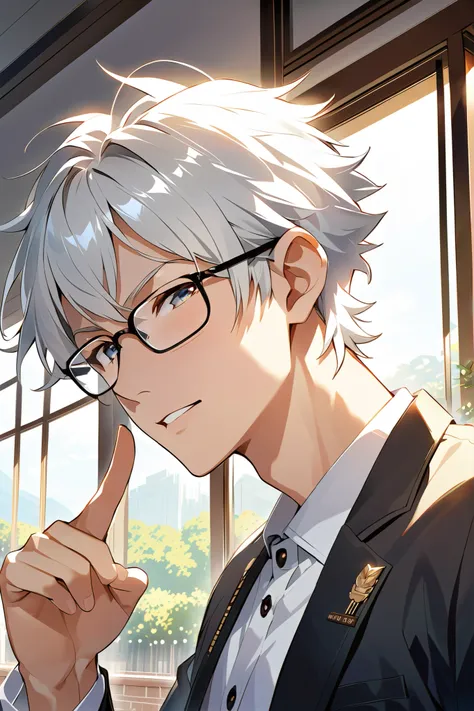 (extremely detailed CG:1.5)、(crisp quality:1.5)、 mature male、solo、Beautiful Youth、 eyes、 white hair、blush、square glasses、Push up the glasses with your finger、 white collared shirt 、noon、 school、 upper body、from side、looking at viewer