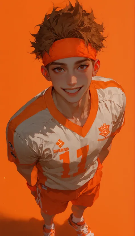 from higher view, looking up at viewer, solo, handsome, a man, boy, young boy, around 19 years old, a male volleyball player with light brown very short messy hair, wearing orange headband, dark brown eyes with mischievous glint, fair skin, round face wit...