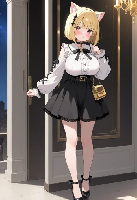 Cat ears、bob cut blonde hair、 popup、gothic lolita clothes、gold decoration、starry sky 、big breasts、blush、diamond decoration glitter、cute gold bag