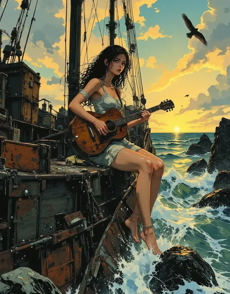Semi-realistic animation illustration with high resolution, clear black contours, expressive shading, rich natural lighting. A young girl is playing the guitar, sitting on the sloping railing of a half-sunken wooden ship, her bare feet clinging to wet, wea...