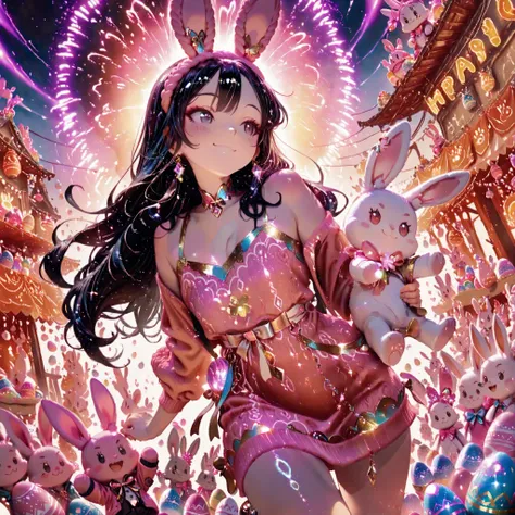 Masterpiece, top quality, absurd, high resolution, cinematic composition, ultra detailed, high quality,Glitter effect,Dutch angle shot,one lady,Easter Festival,Easter eggs,Floating Easter eggs,jumping happily,Stuffed rabbit, small eyes,looking away,long ha...