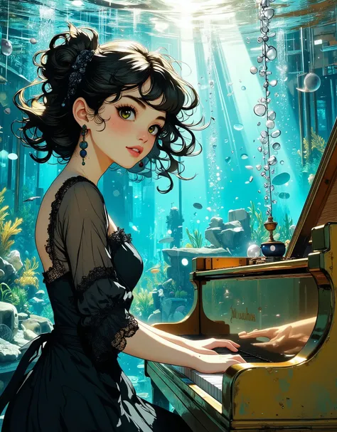 Underwater scene, age girl, playing grand piano. Submerged, young, Asian-inspired female figure, with shoulder-length, dark hair styled in a bun, and wearing a detailed, black, lace-trimmed dress. Her expression is focused and contemplative, hands deli...