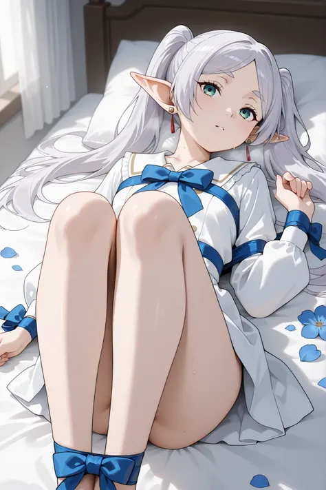 Lora: frieren     honry expression         bitting lips               tied up on bed      both hand and legs tied up to corner of bed      gift ribbon      blue flowers on bed