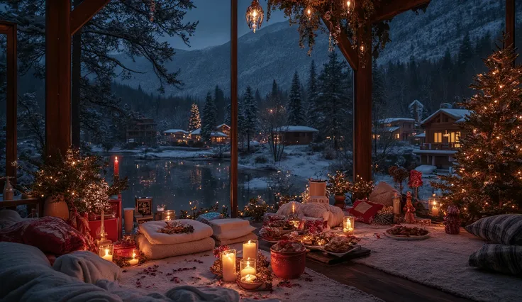 A snapshot A snapshot of a night city scene sparkling with lights decorated in a Christmas theme ,winter at night.In black tones there are many small houses that illuminate the landscape covered with snow and pine trees . teaching the Himalayas at night, T...