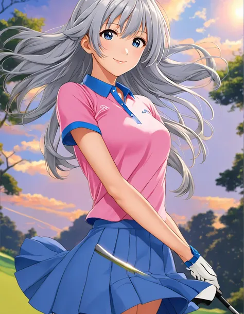 has long silver hair、ツインテールのanime girl 、smile、Wearing a pink shirt and blue skirt, she is waving golf clubs,  Smooth Anime CG Art,   anime moe art style  , ( anime girl ),  amazing wallpapers , rei hiroe, Official Art,   Anime Best Girl  , beautiful  anime...
