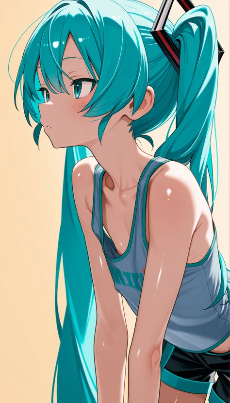 (Hatsune Miku:1.5)、(ultra flat chest:1.1)、(ultra small chest:1.1)、(nipple visible through gaps in clothes:0.8)、(体型がskinny:1.1)、(ultra shiny skin:1.1)、(upper body:1.1)、(bent over:1.3)、(from above:1.3)、(from side:1.3)、(tanktop:1.3)