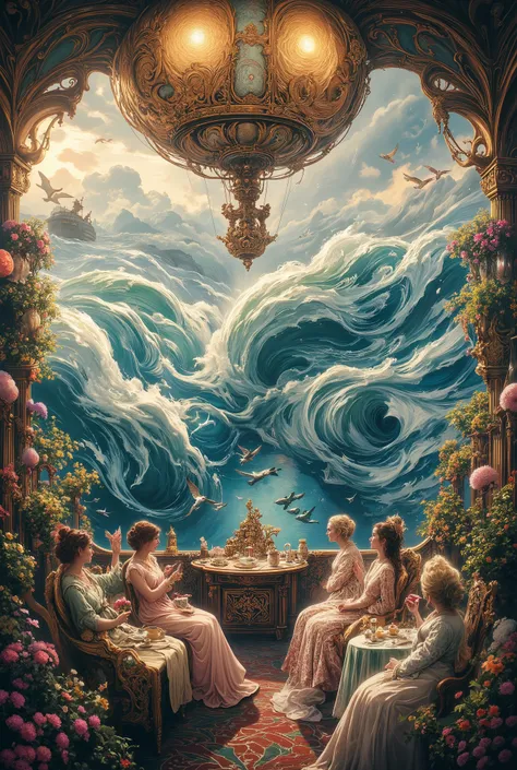 An ornate ghost frigate where Victorian ladies in pastel dresses drink tea surrounded by potted flowers and soaring copper dragonflies, while below there is a view of a vast endless ocean filled with stormy wave crests, seagulls, boats, dolphins and whales...
