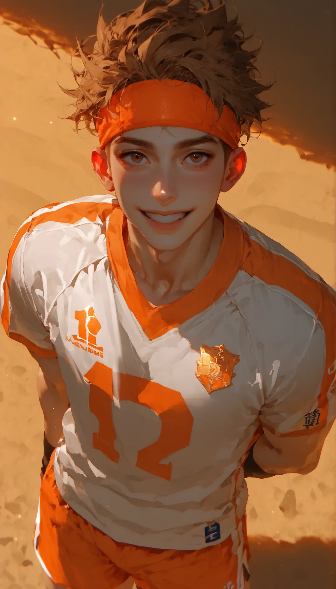 from higher view, looking up at viewer, solo, handsome, a man, boy, young boy, around 19 years old, a male volleyball player with light brown very short messy hair, wearing orange headband, dark brown eyes with mischievous glint, fair skin, round face wit...