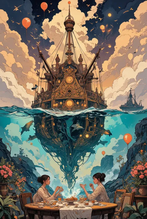 An ornate ghost frigate where Victorian ladies in pastel dresses drink tea surrounded by potted flowers and soaring copper dragonflies, while below there is a view of a vast endless ocean filled with stormy wave crests, seagulls, boats, dolphins and whales...