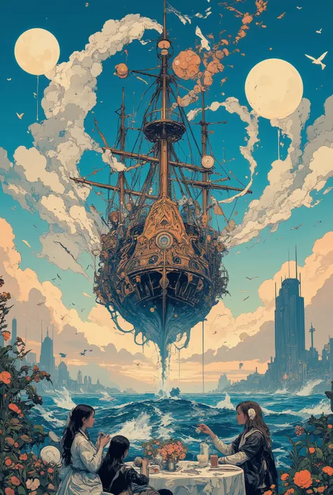 An ornate ghost frigate where Victorian ladies in pastel dresses drink tea surrounded by potted flowers and soaring copper dragonflies, while below there is a view of a vast endless ocean filled with stormy wave crests, seagulls, boats, dolphins and whales...