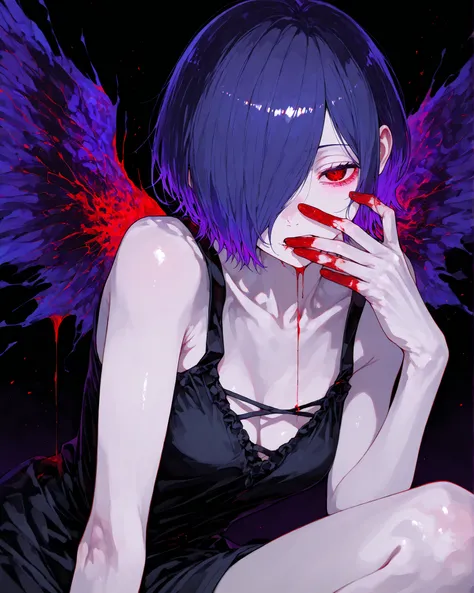 Kirishima touka , Tokyo ghoul , anime girl , Beautiful face , beautiful skin , blue-purple hair , Short hair , Tuka Kirishima hairstyle , covering her hair on the left side of her face , Ghoul red eye , Beautiful body ,  black dress ,  Detailed clothes , t...