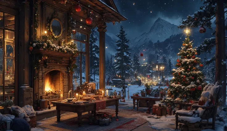 A snapshot A snapshot of a night city scene sparkling with lights decorated in a Christmas theme ,winter at night.black tones t far away there are many small houses that illuminate the snow-covered landscape and pine trees . teaching the Himalayas at night...