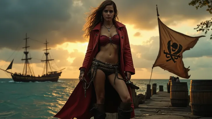 Ultra-realistic cinematic pirate girl portrait for album cover.  stands proudly on a rum barrel at the edge of a tropical dock, facing the viewer, his coat is torn. uncover chest reveals her big breasts and nipples, Behind her: a stormy sky over a pirate s...