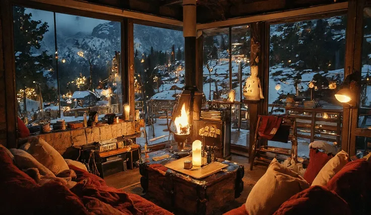 a landscape picture , Tiger's Natural Wooden Cock Cock ,quiet yellow earth projection , There is a dark red woolen cloth , cabin gổ, there is a modern brick wall with a thickened corner fireplace in the corner of the large window , A woolen cloth cluttered...