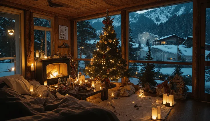 A snapshot A snapshot of a night city scene sparkling with lights decorated in a Christmas theme ,winter at night.black tones t far away there are many small houses that illuminate the snow-covered landscape and pine trees . teaching the Himalayas at night...