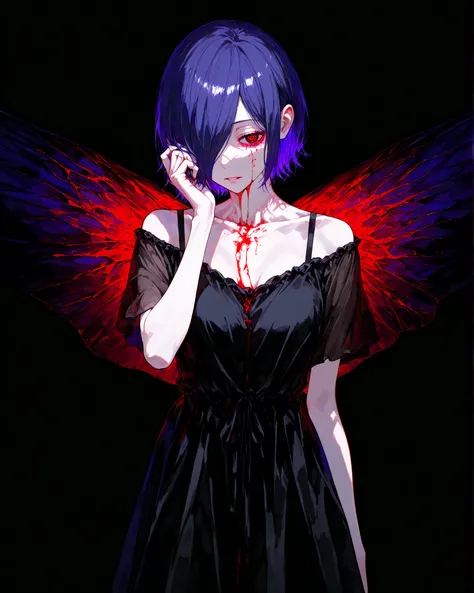 Kirishima touka , Tokyo ghoul , anime girl , Beautiful face , beautiful skin , blue-purple hair , Short hair , Touka Kirishima hairstyle , covering her hair on the left side of her face , Ghoul red eye , good anatomy,  black dress , tired body position , k...