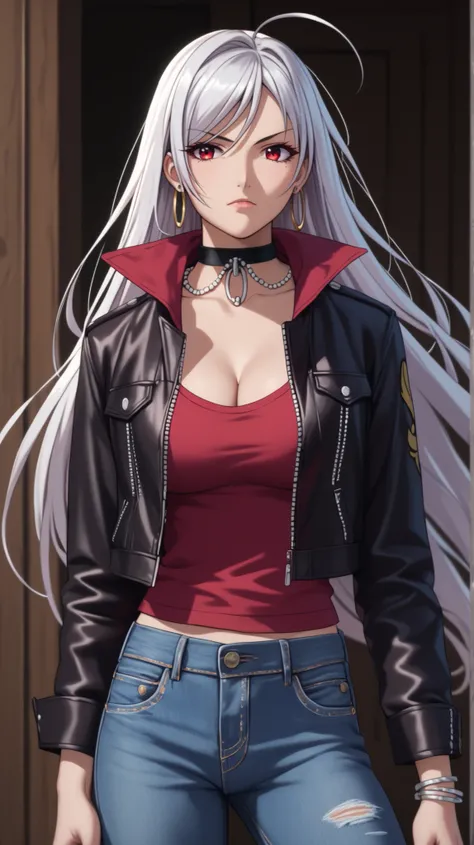vampire moka akashiya, long hair, red eyes, ahoge, white hair, large breasts, distressed denim jacket with patches and pins, paired with black skinny jeans and combat boots, Accessories: silver hoop earrings and a black choker necklace, open neckline, clea...