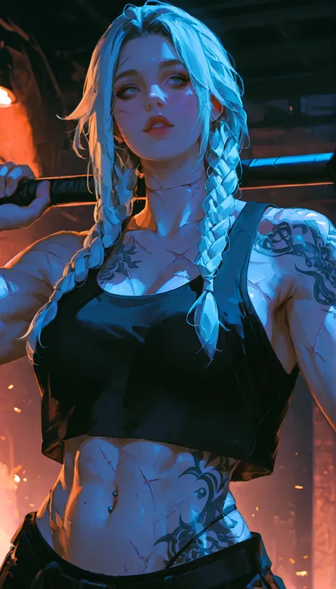 a sexy lean muscular woman with long white braided hair, beautiful detailed eyes, beautiful detailed lips, extremely detailed face, longeyelashes, numerous tattoos and scars on her body, a barbell piercing on her belly button, wearing a black tank top and ...