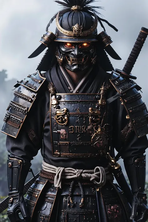 A man with a long torn cloak with cylinder type mask made of wood and stone a smirky grin imprinted on the mask fingerless armor covered gloves an ancient warrior with a dark aura one of the top 9 heavenly swordsmen