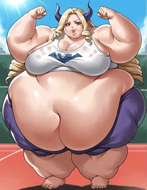 score_9, score_8_up, score_7_up, source_anime, rating_safe, BREAK mount lady, 1girl, long hair, drill hair, blonde hair, messy hair, red eyes, large breasts, tank top, midriff, sport shorts, looking at viewer, sunlight, day, summer, giant hands, giant feet...